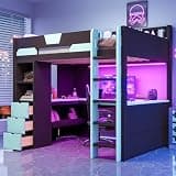 SIYSNKSI Full Size Wooden Gaming Loft Bed, Multi-Functional High Sleeper Loft Bed (Black+Blue-65t)