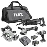 FLEX 24V Brushless Cordless 4-Tool Combo Kit: Circular Saw, Reciprocating Saw, Fixed Speed Angle Grinder, Drill Driver with 2.5 Ah, 5.0Ah Lithium Batteries and 160W Charger - FXM402-2B