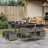 NKOPPFG Grey 9 Piece Garden Dining Set with Folding Chairs, PE Rattan Outdoor Patio Furniture with Cushions and Tempered Glass Tabletop