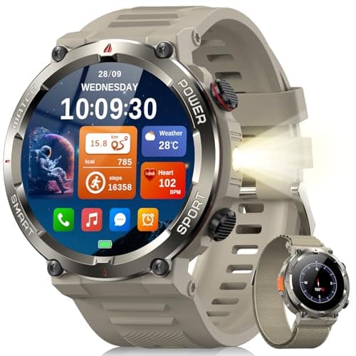 IOWODO Military Tactical Smart Watches for Men, 100-Day Battery Rugged Fitness Watch (Khaki)