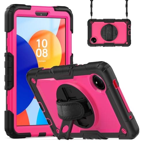 JSDCXF Case for Xiaomi Redmi Pad SE 8.7-Inch 2024,360° Rotating Rugged Tablet,Full Body Heavy Duty Protective Cover with Hand Strap & Shoulder Strap,Shockproof for Kids & Workers (Rose Red PC)