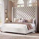 Jocisland King Size Bed Frame with 65" Tall Headboard, Upholstered Wingback Platform Design, Handcrafted Pleats & Deep Button Tufted, Solid Wood Legs, No Box Spring Needed, Ash White