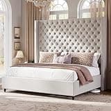 Jocisland King Size Bed Frame with 65" Tall Headboard, Upholstered Wingback Platform Design, Handcrafted Pleats & Deep Button Tufted, Solid Wood Legs, No Box Spring Needed, Ash White