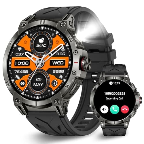 Military Smart Watch for Men with LED Flashlight (Answer/Dial Calls) with 1.85” HD, Outdoor Tactical Smartwatch with 100+ Sports Modes Heart Rate Sleep Tracker Tactical Smartwatches for iPhone Android