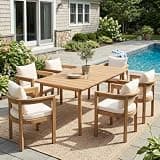 Christopher Knight Home Kclent Patio Acacia Wood Dining Set for 6 People, Outdoor Dinner Table & Chairs with Hollow Armrest, Removable Cushions, 7 Piece Patio Set for Backyard Deck, Light Teak+ Beige