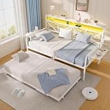 Redpick Daybed with Trundle, Metal Bed Frame with Charging Station & LED, Sofa Day Bed with Tabletop Storage for Bedroom, Living Room (White)