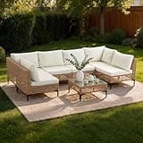WiNVO 7 PCs Outdoor Patio Furniture All Weather Wicker Rattan Sectional Conversation Sofa Set w/Water Resistant Cushions, Coffee Table for Paito, Lawn, Garden, Beige