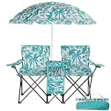 Velorinth Portable Outdoor 2-Seat Folding Chair with Removable Sun Umbrella, Double Camping Bench with Steel Frame & Oxford Fabric, for Beach Fishing Picnic, Pineapple Print