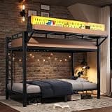 Full Size Metal Bunk Bed Frame with Storage Shelves, Pegboard, USB,A2
