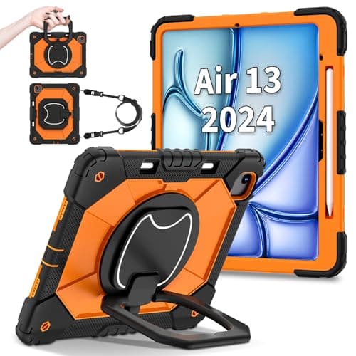 FONREST Rugged Case for iPad Air 13-inch M2 2024 A2898/A2899 with Pencil Holder Rotating Hanging Ring Handle Kickstand, Heavy Duty Shock-Proof Armor Cover w/Shoulder Strap (Black+Orange)