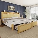 Belffin Queen Size Rattan Bed Frame Wood with 2 Storage Drawers, Natural