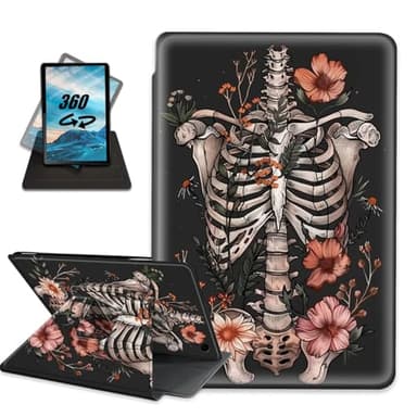 Tablet Case for Amazon Fire HD 8 & 8 Plus (12th/10th Generation, 2024/2022/2020 Released) 360-Degrees Rotating Stand Auto Wake/Sleep Protective Case,Skeleton Floral Art