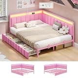 Hasuit Corner Bed Frame with Storage Drawers, Full Size Daybed with Line Fabric Upholstered Fence, Kids Bed Unit with LED Lights and Charging Station, Modern Full Bed Frame with Headboard, Pink