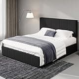 Allewie Full Size Dutch Velvet Upholstered Platform Bed Frame/Vertical Channel Tufted Adjustable Headboard/Low Profile Bed Frame/No Box Spring Needed/Easy Assembly/Black