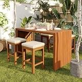 JOUUQZ 5 Piece Outdoor Bar Set, Acacia Wood Bar Height Table and Four Stools with Cushions, Natural Wood and Beige - Versatile Patio Dining Set for Backyard, Poolside