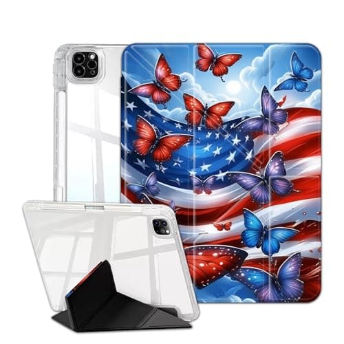 FDHHKJUKO for iPad Air 13 Inch Case (2025/2024) M3/M2 & iPad Pro 12.9 inch 6th/5th/4th/3rd 2022/2021/2020/2018, Clear Back Cover Y Shape Stand Multi-Angle Stand ,American Flag and Butterfly
