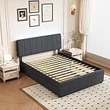 FAVSH Full Size Upholstered Platform Bed with Trundle Bed, LED Lighting Controlled by APP & USB+Type-C Charging Ports, Linen Upholstered Bed Frame,Gray
