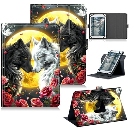 RWUTYTIUL for Universal Tablet Case for iPad Mini 7 7th Generation 8.3" A17 Pro 2024, 360 Degree Rotating Kickstand Protective Stand Case with Multiple Viewing PU Leather Shell Case, Rose Wolf