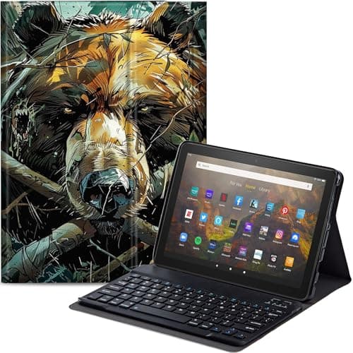 Qindaiwen Keyboard Case for All-New Amazon Fire HD 8/8 Plus (12th Generation/10th Generation, 2024/2022/2020 Release), PU Leather Stand Cover with Detachable Bluetooth Keyboard, Grizzly Bear