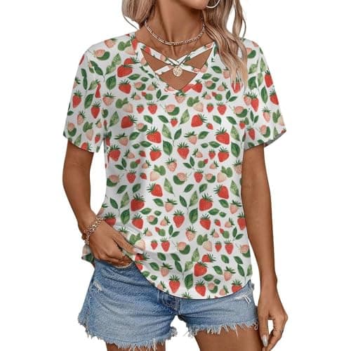 awodent Womens Strawberry Print Tops Short Sleeve V Neck Criss Cross T Shirts Summer Tunic Tops Blouses Dressy Casual Loose Tees M
