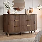 Decofy Fluted 6 Drawers Dresser, 55'' Wide Mid Century Modern Chest of Drawers with Sliding Door & Metal Handles, Curved Profile & Sturdy Legs, Wood TV Stand for Bedroom, Living Room (Walnut)