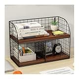 VHDY85KA Bookcase Vintage Brown Desk Small Bookshelf, Office Desktop Organizer, 2-Layer File Storage Rack, Children's, 15.7 X 6.2 9.8 Inch Organizer Shelves