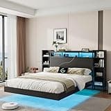 Smpath Full Size Floating Bed Frame with USB Charging Station, Storage Headboard and with Led Light, Heavy Duty Metal Platform Bed Frame, No Box Spring Needed, Black