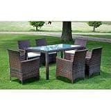 NKOPPFG 7 Piece Brown Poly Rattan Patio Dining Set with 1 Glass Table, 6 Chairs and 6 Removable Seat Cushions for Outdoor Garden