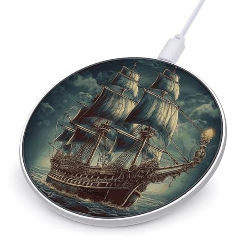 Nautical Vintage Sailing Pirate Ship Wireless Charger Aluminum Alloy Frame 10W Fast Charging Pad with Indicator Light 6mm Thin & Portable Wireless Charging Pad for Travel Home Office Desk