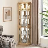 BIGTO Corner Glass Cabinet Lighted 15.31"*15.31"*69.8", Light Oak MDFCurio Corner Display Case Home Furniture