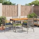 NKOPPFG 5 Piece Patio Dining Set with Gray Poly Rattan, Acacia Wood Table, and Cushions