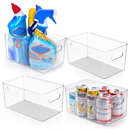 Chikit 4 Pack Refrigerator Organizer Bins, Clear Plastic Storage Bins for Food, Fridge, Kitchen Cabinet, Pantry Organization, BPA Free Fridge Organizer, 10"" Long, medium