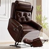 UOPYNE Power Lift Recliner Chair for Elderly, Oversized Lift Lay Flat Reclining Sofa with Adjustable Headrest, Electric Massage Heat Brown PU Leather Living Room Home Furniture
