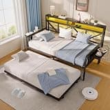Redpick Daybed with Trundle, Metal Bed Frame with Charging Station & LED, Sofa Day Bed with Tabletop Storage for Bedroom, Living Room (Black)