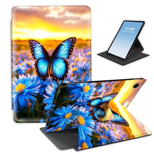 HGGJFLYX Case for Samsung Galaxy Tab A9 Tablet,360 Degree Rotating Multi-Angle Viewing Stand Fold Leather Tablet Cover 8.7" for Samsung Galaxy Tab A9,Auto Sleep/Wake,Blue Butterfly at Sunset