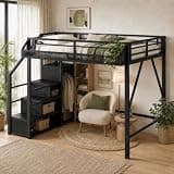 KEFIEERO Queen Size Loft Bed with Stairs,Metal Heavy Duty Loft Bed Queen Size with Storage Shelves, LoftBed Frames for Teens, Adults, No Box Spring Needed, Black