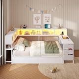 DICTAC Full Corner Bed Frame with Desk,Bookcase and Storage Drawers,White