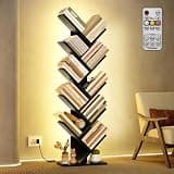 Hoctieon 10 Tier Tree Bookshelf, Tall Bookcase, Freestanding Book Shelf with LED Lights, Display Floor Standing Storage Shelf, Book Organizer Shelves for Home Office, Living Room, Black