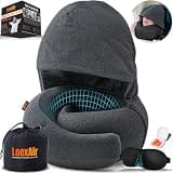 LOEXAIR™ Hooded Pro Travel Pillow - Memory Foam Neck Support Pillow for Airplane, Flight - Super-Soft Pure Cotton Fabric, Maximum Privacy & Light-Block Design, Lightweight Full Travel Kit - Dark Grey
