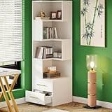 LOVEZOE 5 Tier Corner Bookshelf with Drawers, L Shaped White Bookcase for Home Office Living Room Bedroom, Engineered Wood Storage Shelf with Anti Topple Hardware, 19.68” D x 19.68” W x 66.92” H