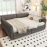 SNMOFI King Size Upholstered Day Bed with Storage Drawers and USB, Gray