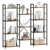 Shintenchi Triple Column 4 Tier Bookshelf, Industrial Large Bookcase Display Shelves, Large Etagere Bookshelf,Wide Book Shelf Book Case for Home & Office, Rustic Brown