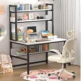 Aquzee Computer Desk with Shelves, 47" W x 23.6" D Gaming Desk with Hutch and Bookshelf, White Study Table for Bedroom Space Saving with 3 Tier Storage Shelf, Home Office Desk for Writing Work