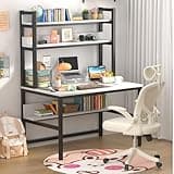 Aquzee Computer Desk with Shelves, 47" W x 23.6" D Gaming Desk with Hutch and Bookshelf, White Study Table for Bedroom Space Saving with 3 Tier Storage Shelf, Home Office Desk for Writing Work