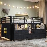 KEIKI Full Size Low Metal Loft Bed Frame with Non-Woven Fabric Drawers & Shelves, Modern Style Multi-Storage Loft Bed with Ladders & Slats, No Box Spring Required, Easy Assembly, for Bedroom, Black