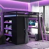 Merax Full Size Loft Bed with Desk and 6 Storage Shelves, Wardrobe, Blackout Curtain, Solid Wood Gaming Loft Bed Frame with USB Port & RGB Lights, No Box Spring Needed, Space-Saving, Black+Purple