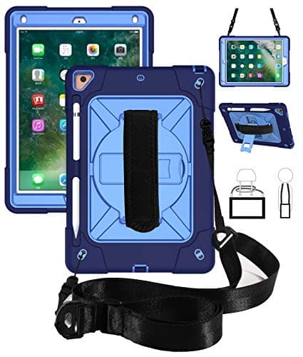 QYiD Tablet Case for New iPad 9.7 / 6th / 5th Generation Rugged Protective Cover with Stand, Pen Slot, Hand Strap & Shoulder Strap for Apple iPad 9.7 (2018) / Apple iPad 9.7 (2017) (NavyBlue+Blue)