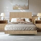 Evermagin Full Size Floating Bed Frame with Headboard, Boho Fluted Platform Bed with LED Lights, Heavy Duty Floating Bedframe with Charging Station, No Box Spring Needed (Natural)