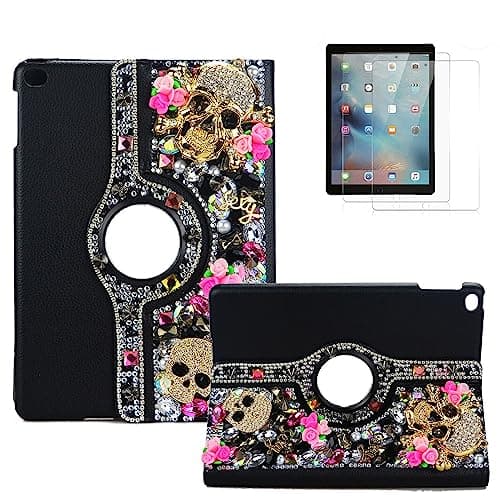 STENES Bling Case for Samsung Galaxy Tab S11 11-inch 2025 - Handmade Crystal 3D Skulll Flowers Floral 360 Degree Rotating Stand Auto Sleep/Wake PU Leather Protective Cover, Black