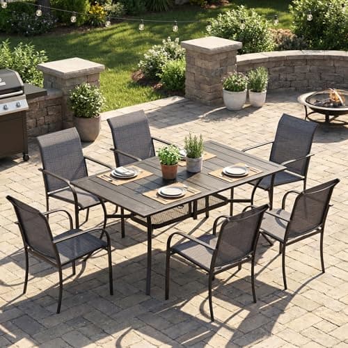 VICLLAX Patio Dining Set for 6, 7-piece Outdoor Dining Set - 59" Rectangle Patio Table and Chairs for Lawn Garden, Black Tabletop and Fabric